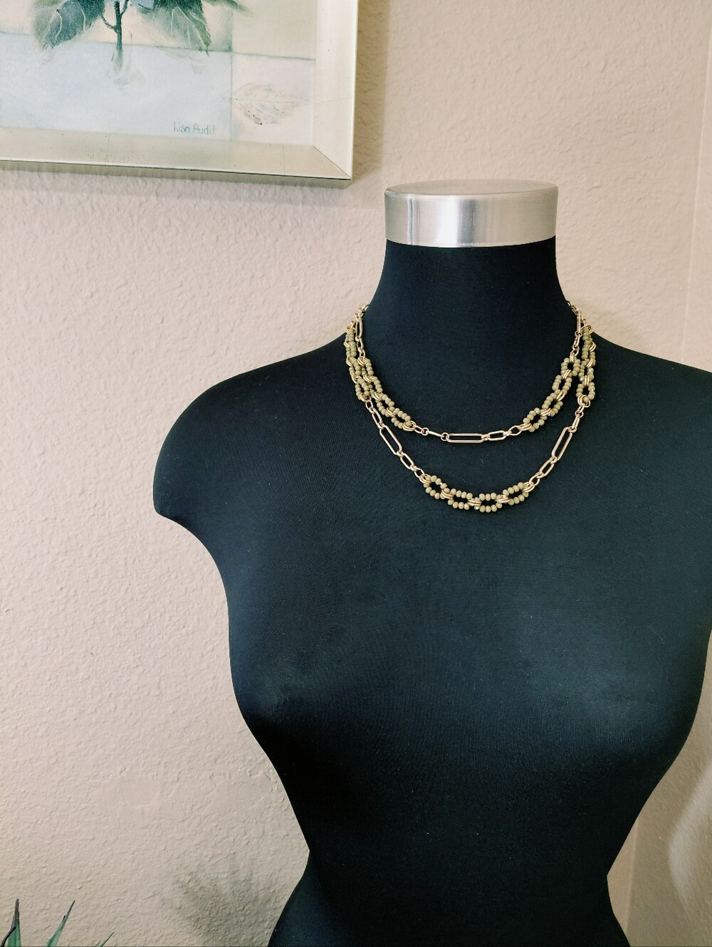 Gold Green Glass Bead Necklace Double Strand - Picture 2 of 3